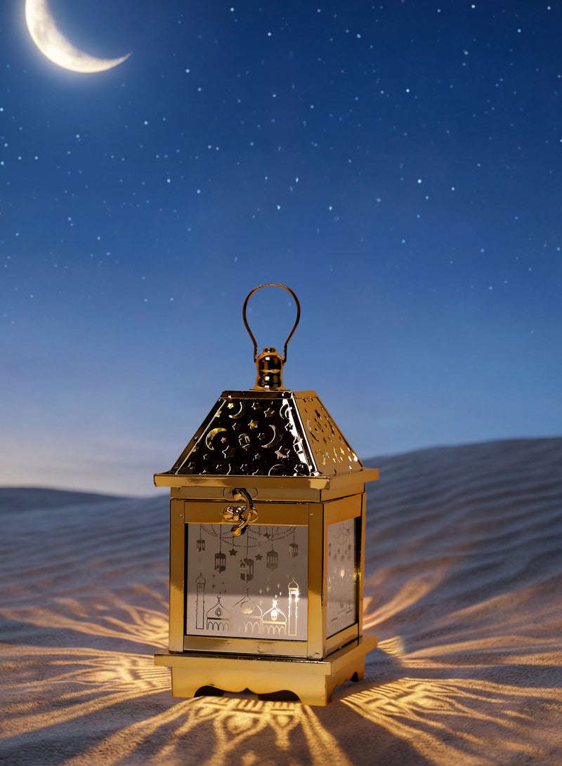 Trentor فانوس رمضان الذهبي المزخرف بنمط ضوء الهلال والنجمة يعمل بالبطارية 13.1X13.1X25 سم - Image 1